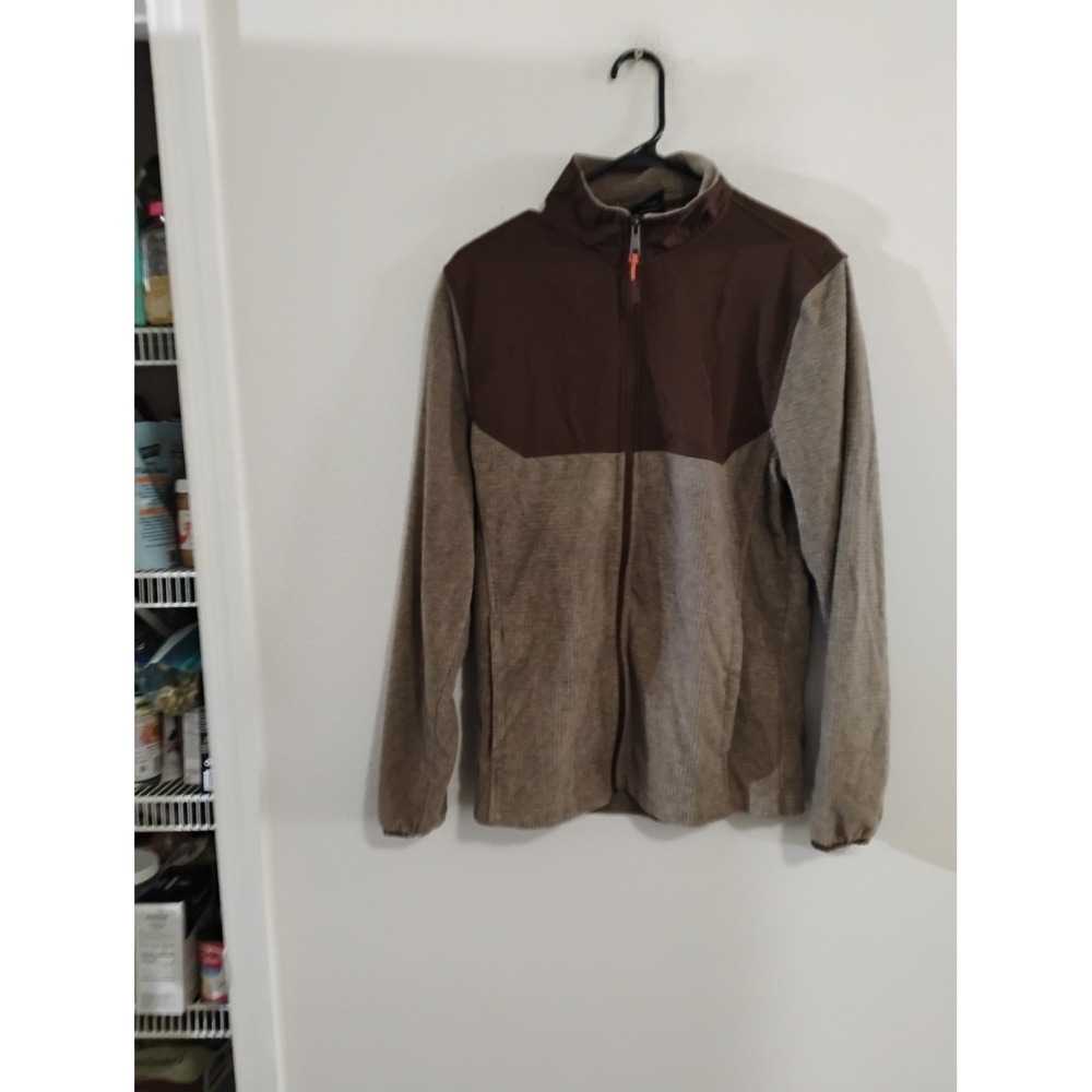 Athletic Works Mens Brown Grid Fleece Full Zip Jacket Small 34-36 Hiking Layer